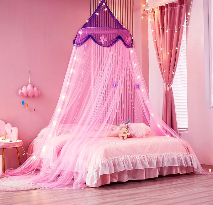 Bed Canopy with Lights,Bed Canopy for Girls Canopy Bed Curtains Girls Bedroom Decor for Twin to King Size Bed (Purple and Pink)