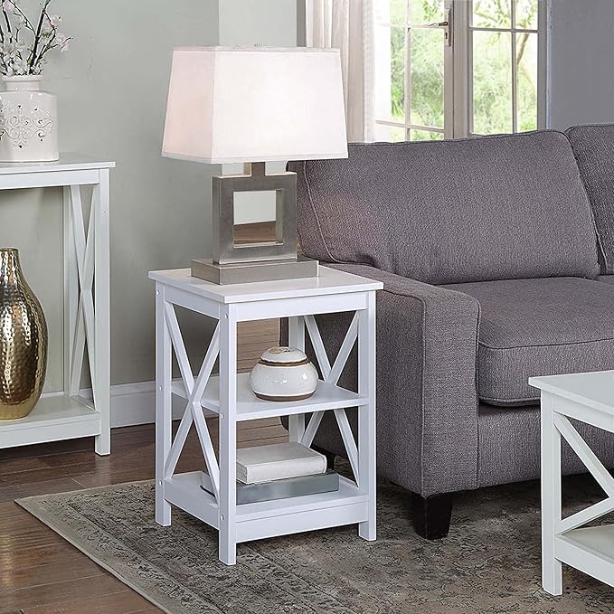 Convenience Concepts Oxford End Table 15.75" - Modern Living Room Table with Storage Shelves, Transitional Nightstand Side Table for Home Decor and Display, White