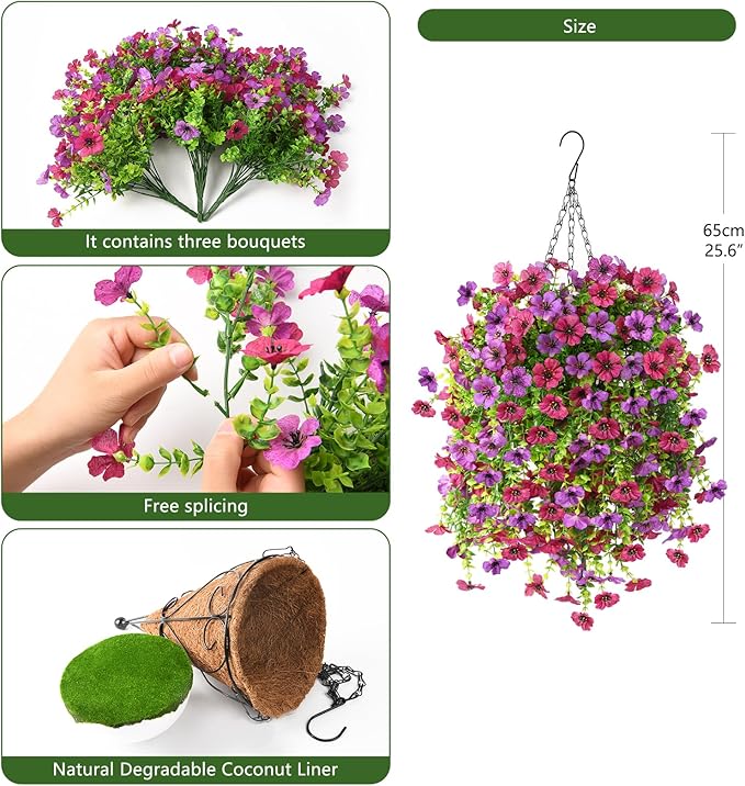 Artificial Fake Hanging Plants Flowers Baskets for Outdoor Outside Spring Decor,Faux Silk Daisy UV Resistant Look Real Summer Decorations for Home Porch Patio Yard Garden(Light Purple