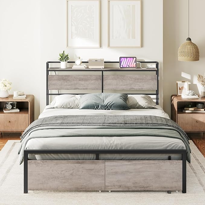 HOOBRO Queen Size Headboard, Headboard with 2 Outlets and 4 USB Ports, Adjustable Height, Storage Rack, Sturdy and Stable, Easy Assembly, Greige and Black