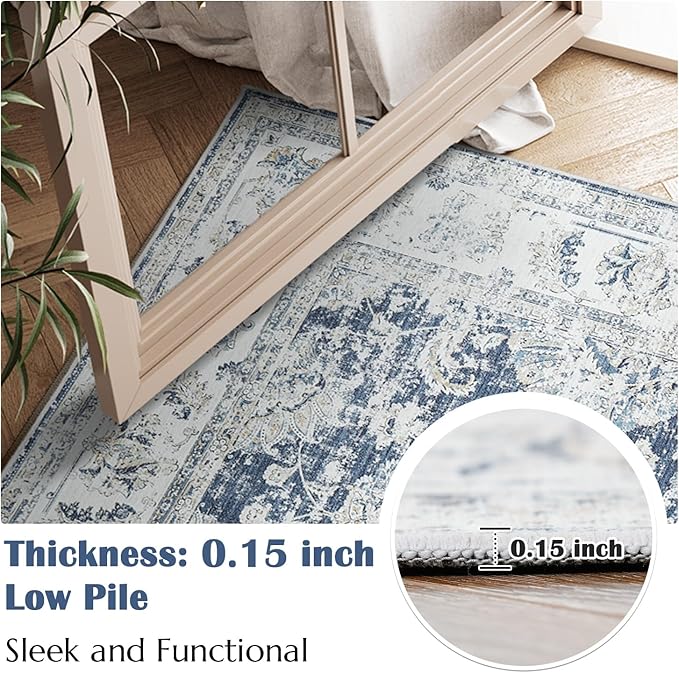 jinchan Runner Rug 2x5 Machine Washable Hallway Rug Dark Blue Vintage Floral Print Non-Slip Low Pile Ultra-Thin for Kitchen,Entryway,Laundry Room,Bedroom,Farmhouse (2‘x5’,Dark Blue)