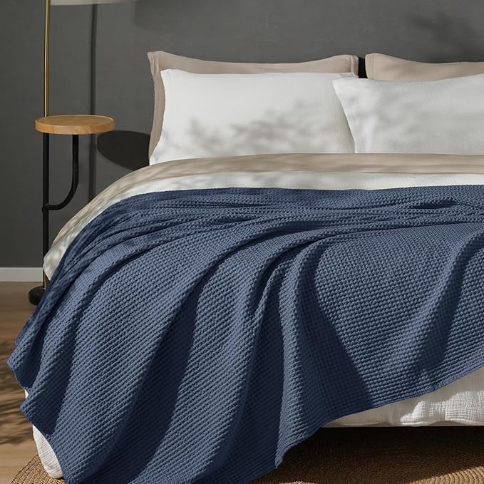 PHF 100% Cotton Waffle Weave Blanket Twin Size for Bed,Snag Proof Lightweight Breathable Moisture-Wicking Throw for Couch,Great for Layering in Cold Weather,Machine Washable,Home Decor Gift-Dark Navy