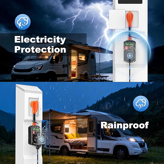 Vehiker 𝟏𝟖𝟎𝟎𝟎 𝐉𝐨𝐮𝐥𝐞𝐬-RV Surge Protector 50 Amp, RV Power Surge Voltage Protection, RV Adapter Plug for Camper, Circuit Analyzer for Travel Trailers with Waterpoof Cover(Orange)