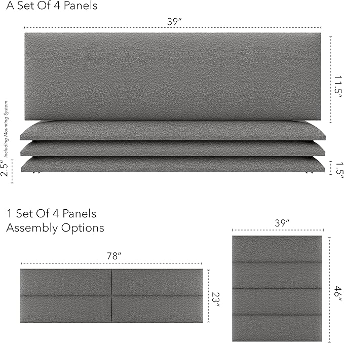Vänt Upholstered Wall Panels - King/Cal King Size Wall Mounted Headboards - Boucle Grey - Twin/King - Set of 4 Panels (Each Individual Panel 39"x11.5")