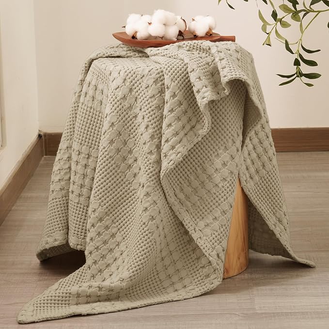 PHF 100% Cotton Waffle Weave Throw Blanket, Soft Lightweight Breathable Cozy Throws for Couch Bed Sofa, Luxury Aesthetic Woven Blanket for Home Decor & Office, 50"x60", Khaki