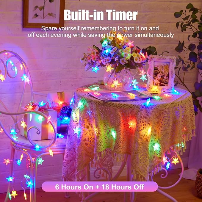 Minetom Star String Lights Battery Operated - 17 ft 50 LED Star Fairy String Lights with Timer, Waterproof for Indoor Bedroom Tent Loft Bed Patio Party Wedding Decor, Multi-Color