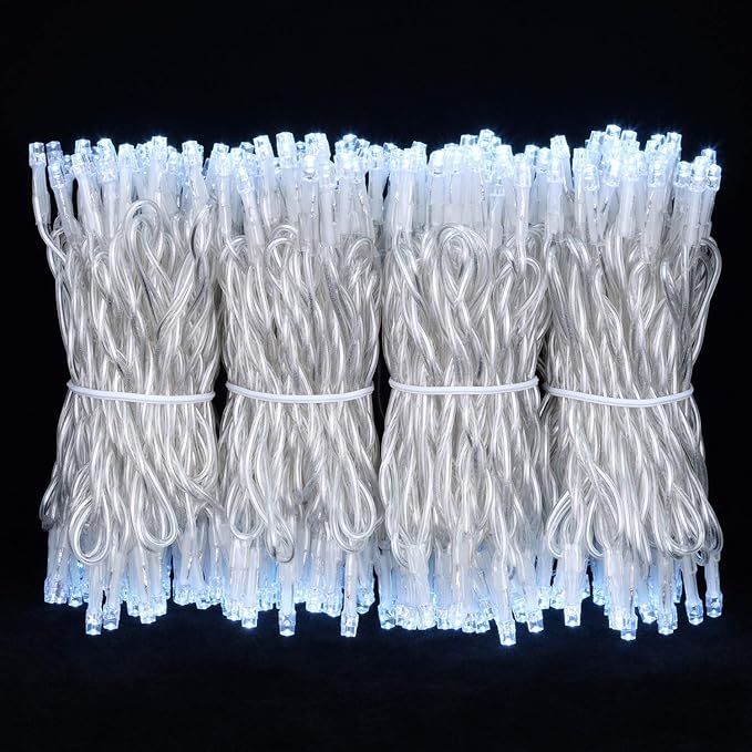 YULETIME 100 ft 300 Count Cool White LED String Lights with 8 Models Adapter, Clear Wire Wide Angle 5mm Christmas Lights (Cool White - Multimode)
