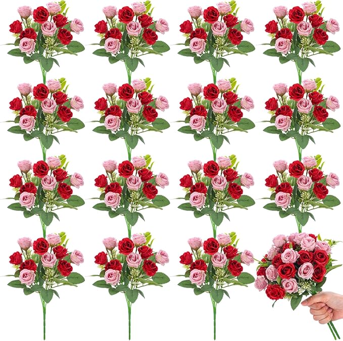 Zeyune 16 Bunches 12 Inch Artificial Mini Rose Bouquet 160 Heads Bridal Flower Bouquets Fake Silk Rose Bulk for Wedding Bridal Shower Christmas Home Office Garden Decoration(Pink and Red)