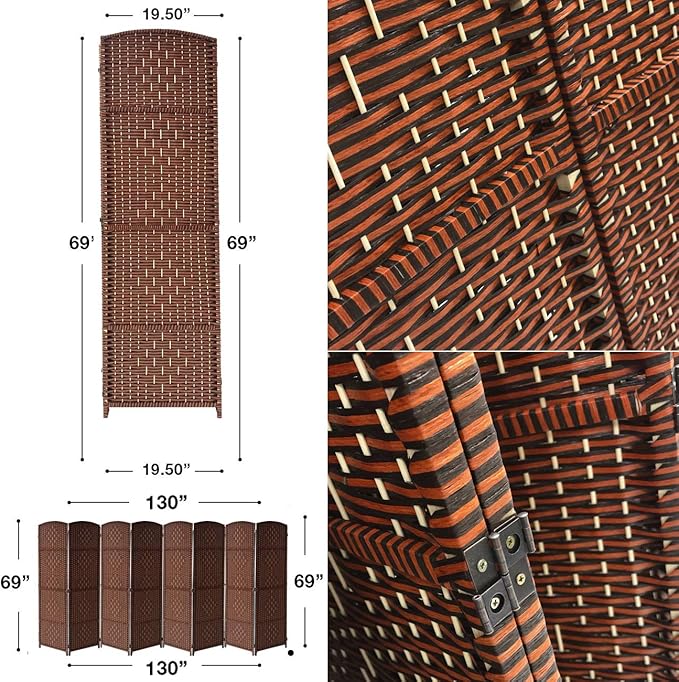Sorbus Room Divider 6 ft. Tall - Privacy, Wide Double Hinged Panels, Mesh Hand-Woven Design, Folding Screens, Wall Divider for Room Separation, Brown Rust Wicker, 8 Panel