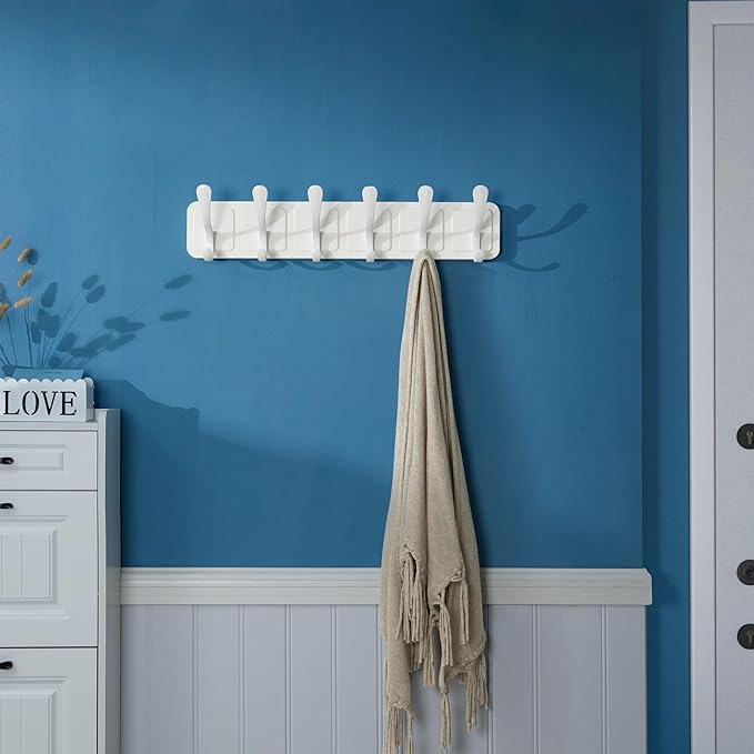 SKOLOO Coat Rack Wall Mount - Scandi-Style Wooden Carved-Block Coat Hook,Pack of 2, Wall Coat Hanger with 6 Hooks for Hanging Coats, Hats, Clothing, Scarfs, White