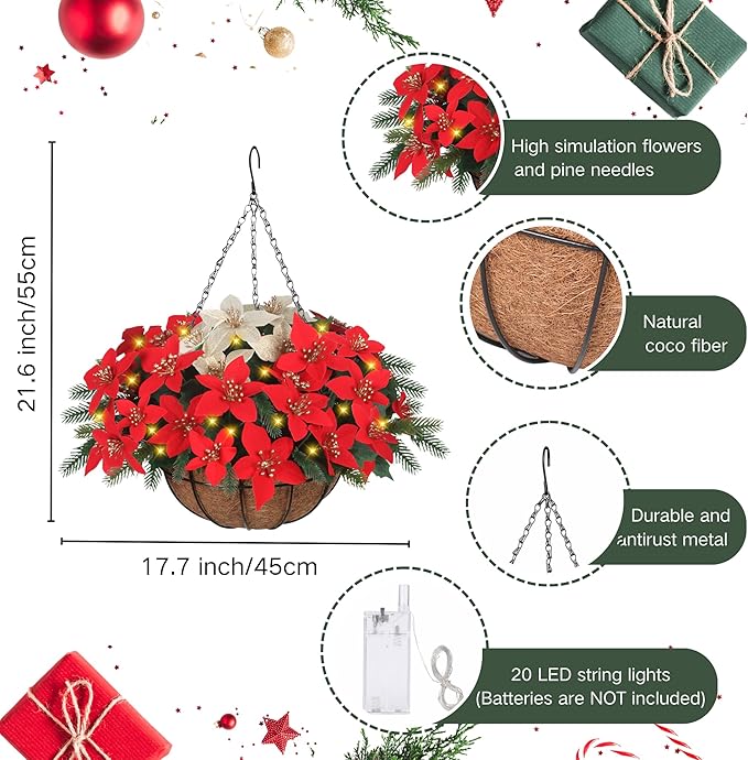 Florielle Artificial Fake Christmas Hanging Flowers Plants Basket with LED Lights, Faux Poinsettia, Pine Branches, for Outdoor New Year Xmas Decoration, Porch Home Holiday Decor (Green)
