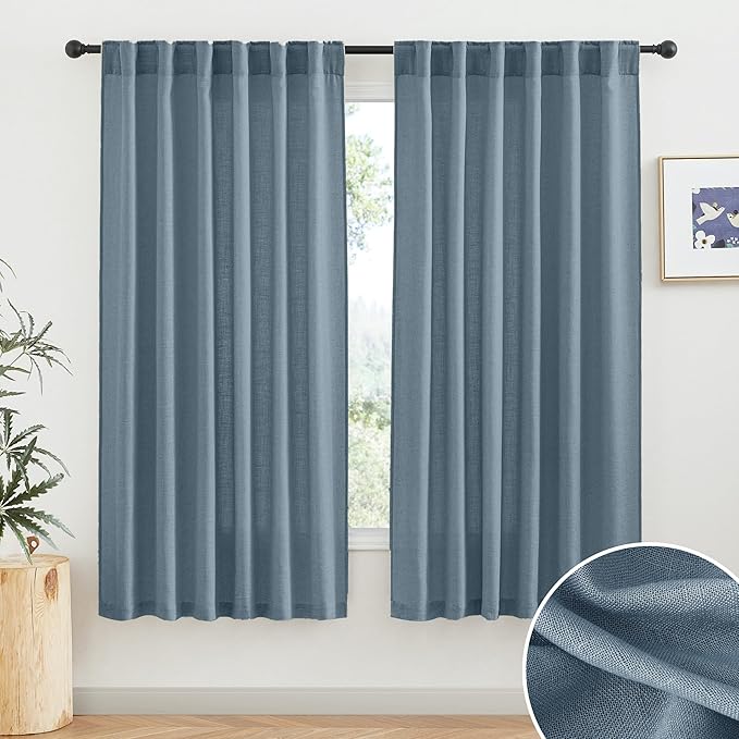 RYB HOME Linen Sheer Window Curtains - Half Privacy Light Filtering Rod Pocket Airy Drapes Small Window Treatment for Bedroom Bathroom Office, Stone Blue, 52 inch Wide x 63 inch Long, 2 Panels