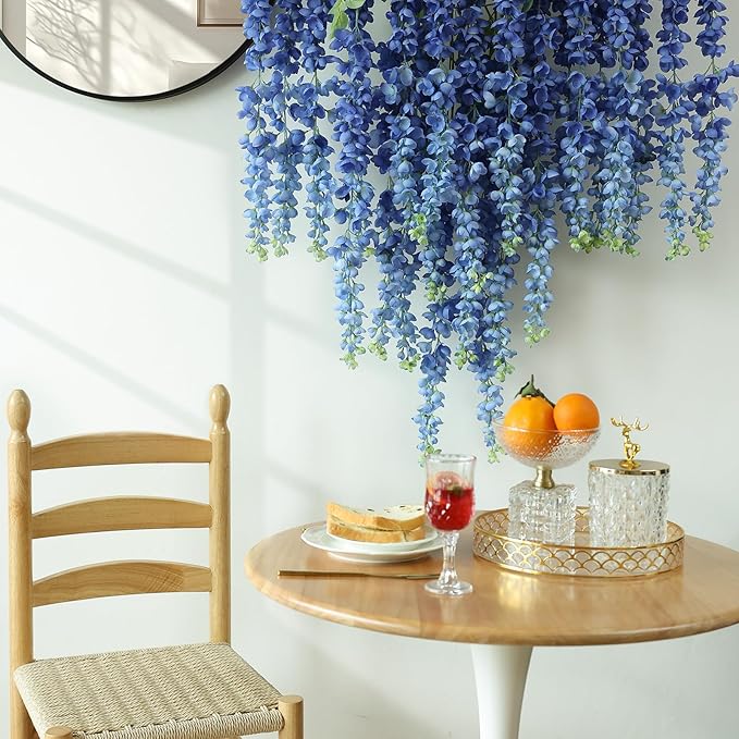 mizii 6Pcs Royal Blue Wisteria Hanging Flowers 48" Silk Wisteria Artificial Flowers Garland Vines Fake Hanging Flowers Decoration for Wedding Flower Wall Backdrop Centerpieces Room Decor (Royal Blue)