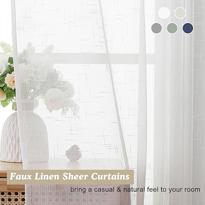 Aiyufeng Kirei Faux Linen White Sheer Curtains 84 Inches Long 2 Panels Set, Light Filtering Slub Textured Farmhouse Rod Pocket Sheer Curtain Drapes for Living Room Bedroom, Each 40Wx84L Inch