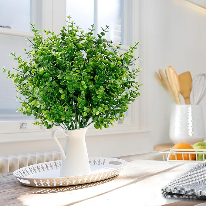 Sggvecsy Artificial Flowers for Outdoors 12 Bundles UV Resistant Boxwood Shrubs Artificial Eucalyptus Fake Plants Faux Plastic Greenery for Farmhouse Garden Indoor Outdoor Home Wedding Decoration