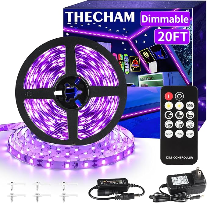 20ft Black Light Strip with Remote, 360 LED Lamp Beads, 12V Flexible Lights for Glow Party, Adjust Brightness, Delay Off, 3 Light Modes, Indoor Fluorescent Party, Stage Lighting