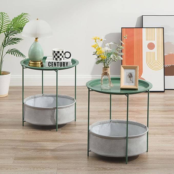 VECELO Round Side/End Table with Fabric Storage Basket，Metal Anti-Rust and Waterproof Small Bedside Nightstand with Removable Tray Top for Living Room，Balcony & Laundry，Dark Green /2pcs with Basket