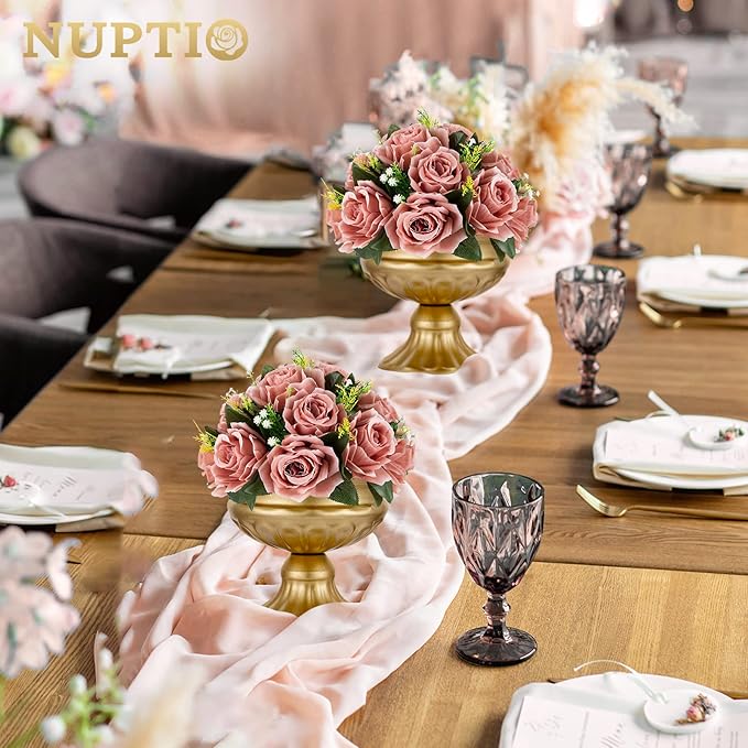 NUPTIO Artificial Flower Centrepieces for Tables - 2 Pcs Dusty Rose Fake Flowers Roses Balls 9.5in Diameter - Silk Faux Rose Arrangement for Wedding Party Centerpiece Table Decorations