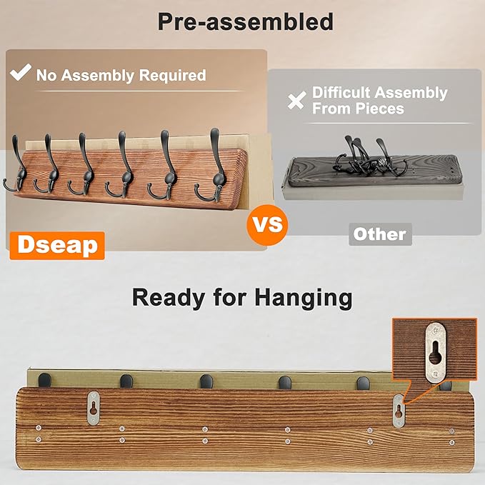 Dseap Coat Rack Wall Mounted - 24" Long 6 Tri Hooks, Heavy Duty Wooden Wall Coat Hanger Coat Hook for Clothes Hat Jacket Clothing, Weathered Blue and Black, Pack of 2