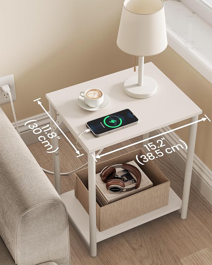 VASAGLE End Table with Charging Station, Set of 2, Small Side Tables for Living Room, Bedroom, Nightstand with Outlets and USB Ports, Bedside Table with Storage Shelf, Cream White