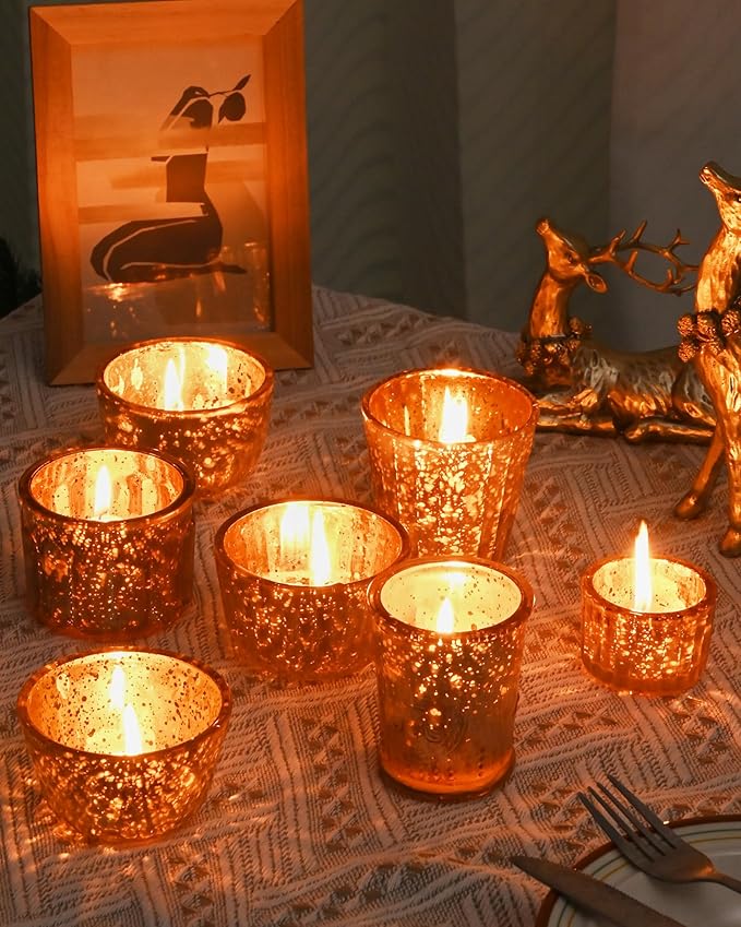 DN DECONATION 8PCS Gold Mercury Glass Candle Holder, Assorted Mercury Glass Votive Candle Holders, Vintage Tea Light Candle Holder for Wedding, Parties, Centerpieces, Decorations