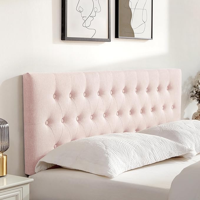 Tufted Upholstered Headboard Twin Size, Solid Wood Head Board with Durable Metal Legs, Adjustable Height Bed headboard from 37” to 51” Fabric Headboard in Modern Button Design, Pink