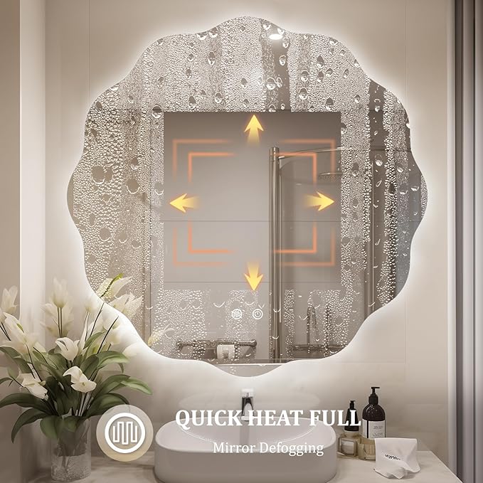 WallBeyond LED Bathroom Mirror with Lights, 32'' Wavy Round Light Up Bathroom Mirror, Anti Fog Led Mirror for Bathroom, 3 Colors and Dimmable Light