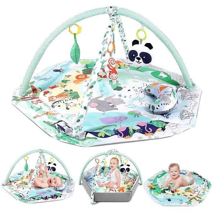 dearlomum 4-in-1 Tummy Time Mat,Baby Activity Play Mat,Newborn Play Baby Mats for Floor with 6 Infant Learning Sensory Baby Toys, Toddler Motor Skill Development,Babies Ball Pit with 18 Ocean Balls