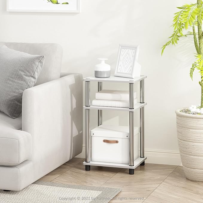 Furinno JUST Side Table Set of 2, 3-Tier End Tables, Open Shelves Night Stand, Nightstand, Toolless Assembly, for Living Room, Bedroom, White Oak/Stainless Steel
