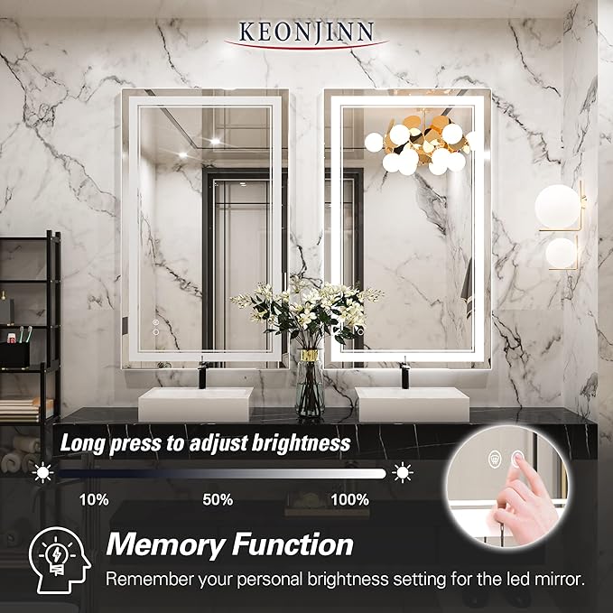 Keonjinn LED Bathroom Mirror with Lights, 40 x 24 Inch Front Lighted Vanity Mirror, HD Tempered Glass, UL-Listed LED Driver, Anti-Fog, 6000K Dimmale, Memory Function, Easy Installation