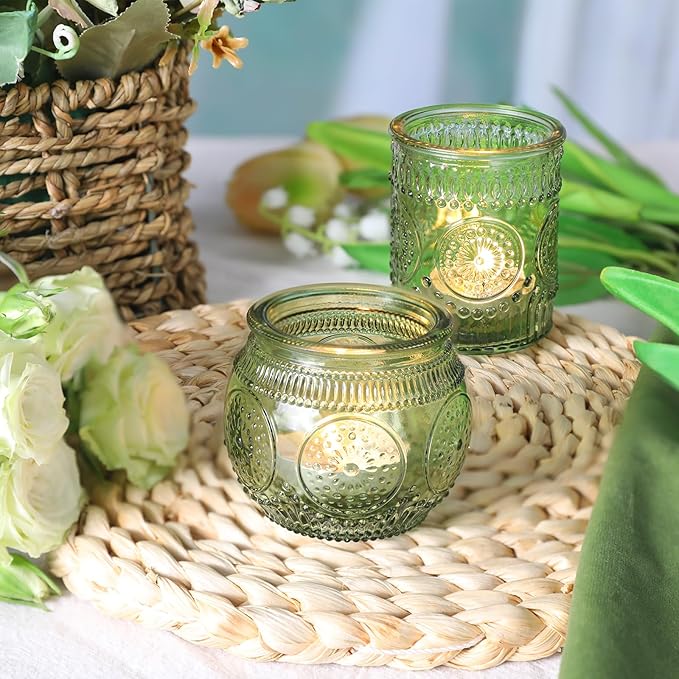 12pcs Assorted Green Votive Candle Holders for Wedding Table Decorations, Glass Tea Lights Candle Holder for Bridal Shower, Baby Shower Decrations, Boho Tea Party Decor, Wedding Party Gifts for Guests