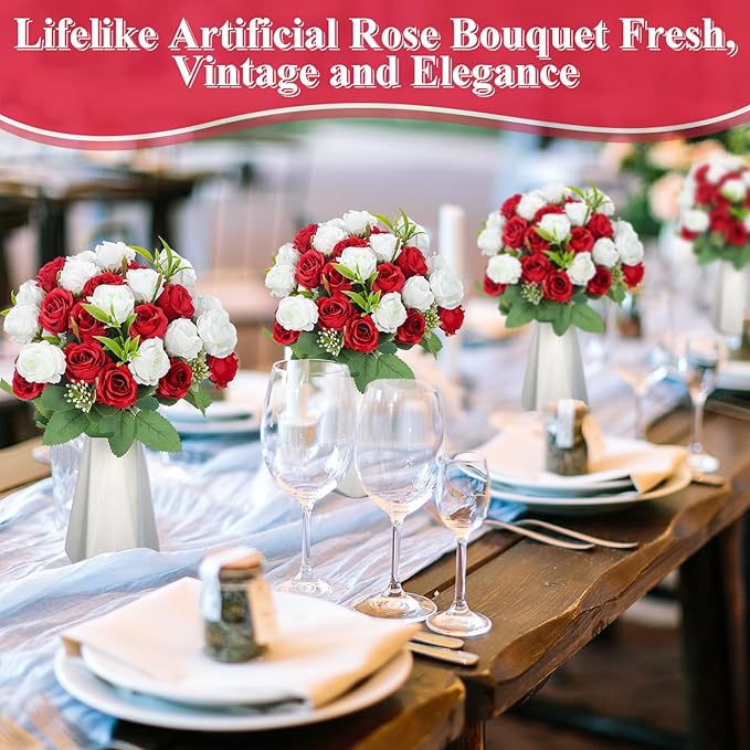 Zeyune 16 Bunches 12 Inch Artificial Mini Rose Bouquet 160 Heads Bridal Flower Bouquets Fake Silk Rose Bulk for Wedding Bridal Shower Christmas Home Office Garden Decoration(White and Red)