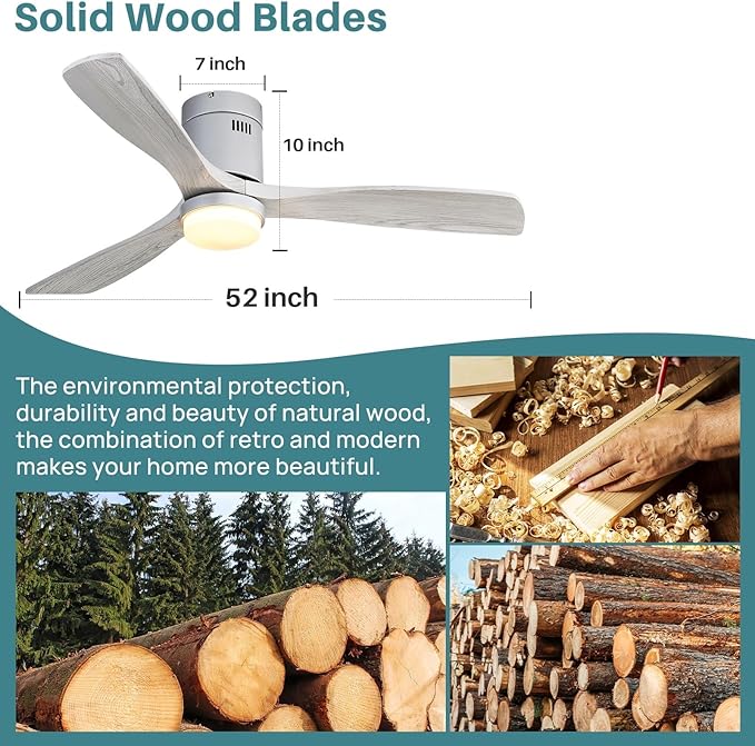 Sofucor 52 Inch Smart Ceiling Fans with Lights-Flush Mount Low Profile Modern Outdoor Solid Wood Ceiling Fans with Alexa/Google Assistant/APP/Remote Control for Bedroom/Farmhouse/Patio, Silver Grey