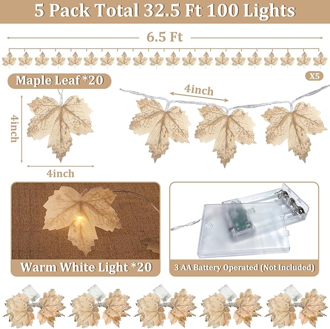 5 Pack Thanksgiving Garland with Lights Maple Leaf String Lights - Total 32.5 Ft Fall Leaf Garland String Lights with 100LED Battery Operated Decor for Fireplace Thanksgiving Table Decorations Indoor