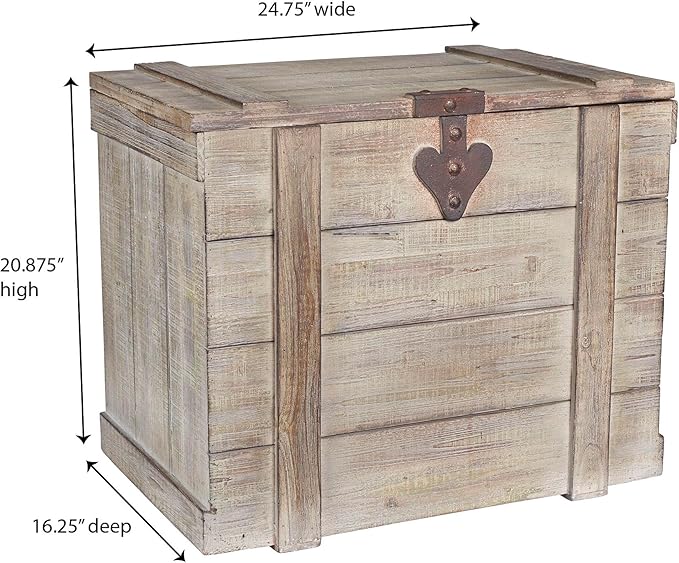 Household Essentials Antiqued Decorative Trunk, Large, Chinese Fir Panel and MDF, Smooth Backing and Metal Hinge Accent, Flat Top and Stay-Open Lid