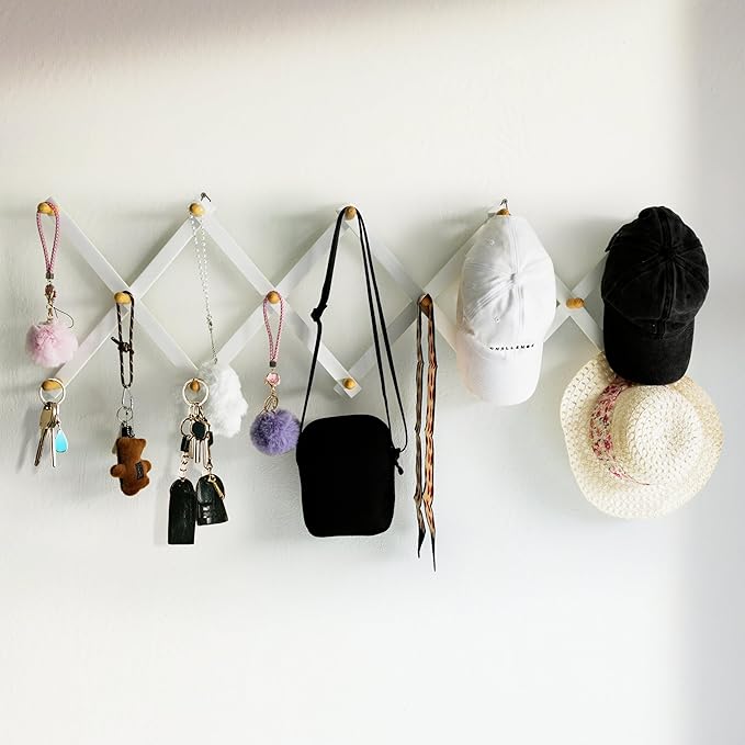 SKOLOO Hat Rack for Wall with 14 Hooks, Solid Wooden, Modern, Expandable Coat Rack Wall Mount for Coats, Hats, Bags, Baseball Caps, Natural on White