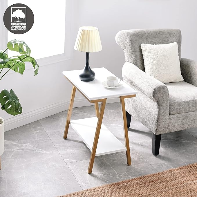 Leick Home 214312 Empiria Narrow Side Table with Shelf and Metal Frame, Wood End Table for Living Room Bedroom, White