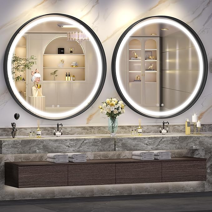 Hasipu 32 Inch Round LED Mirror for Bathroom with Lights, Black Circle Vanity Mirror for Wall, Metal Framed Frontlit Bathroom Mirrors Anti-Fog, Dimmable, 3 Colors Lighted Makeup Mirror Wall Mounted