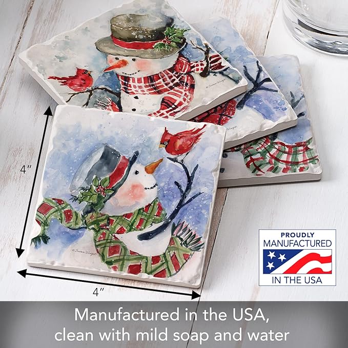 Thirstystone Watercolor Snowman 4 Pack Assorted Tumbled Tile Stone Coasters with Protective Cork Backing 4" Square Manufactured in The USA