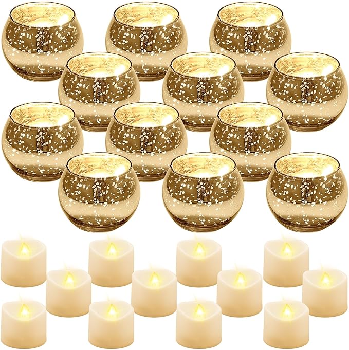 Rtteri 12 Set Votive Candle Holders Wedding Centerpiece Table Decorations Speckled Mercury Glass Votive Candle Holders with Tea Lights Birthday Party Decorations for Home (Gold)