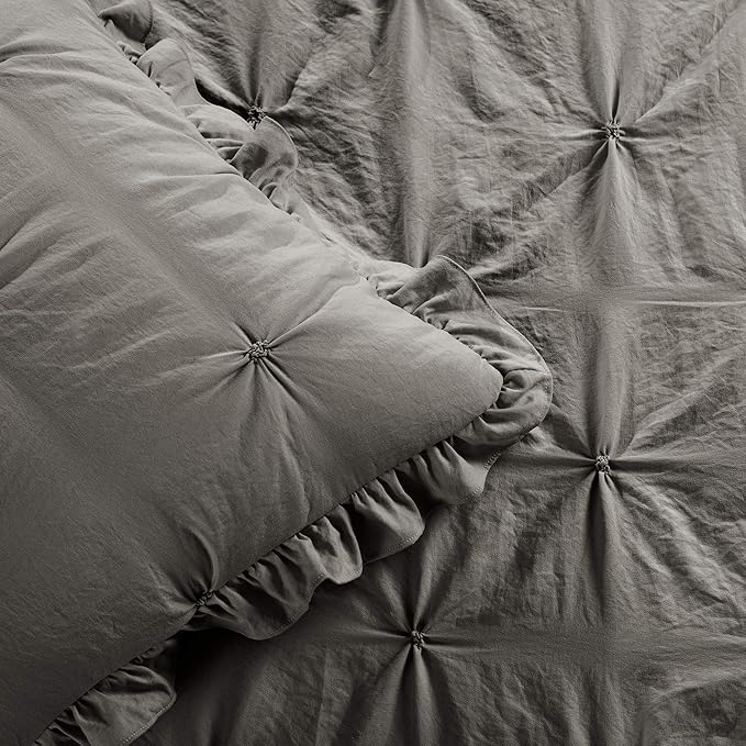 Lush Decor Ravello Pintuck Ruffle Skirt Bedspread Set - Luxe 3 Piece Ruffled Bedding Set - Traditional Glam & Farmhouse Inspired Bedroom Decor - King, Dark Gray