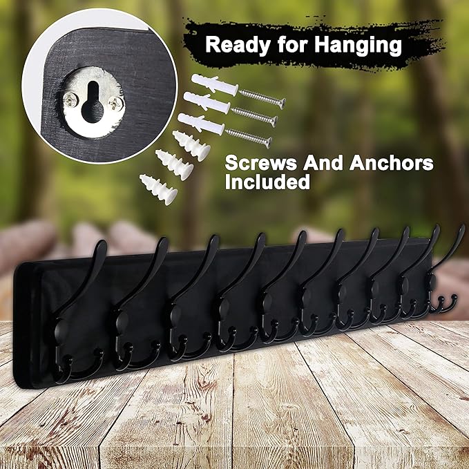 Dseap Coat Rack Wall - Heavy-Duty 38-1/4" Long, with Reinforced 10 Custom Tri-Hooks, Solid Wood Wall Hanger for Coats Hat Jackets - Rustic Farmhouse Entryway Hallway Storage, Black