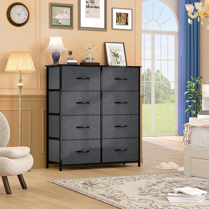 DWVO Fabric Dresser for Room, Tall Storage 8 Drawers, Black Dresser & Chest of Drawers, Storage Drawer Organizer for Closet, Living Room
