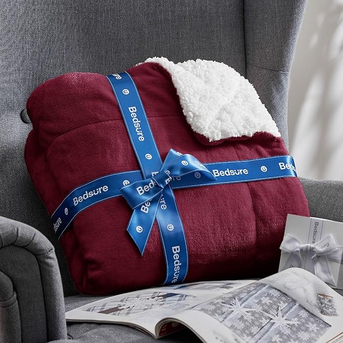 Bedsure GentleSoft Sherpa Fleece Throw Blanket Twin Size for Couch - Thick and Warm Throw for Girls and Women, Soft Fuzzy Plush Twin Christmas Blanket for Winter, Burgundy, 60x80 Inches