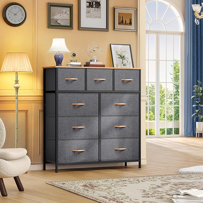 DWVO Dresser with 9 Drawers, Fabric Storage Dresser, Chest of Drawers, Storage Tower Organizer Unit for Living Room, Closets(Dark Grey)