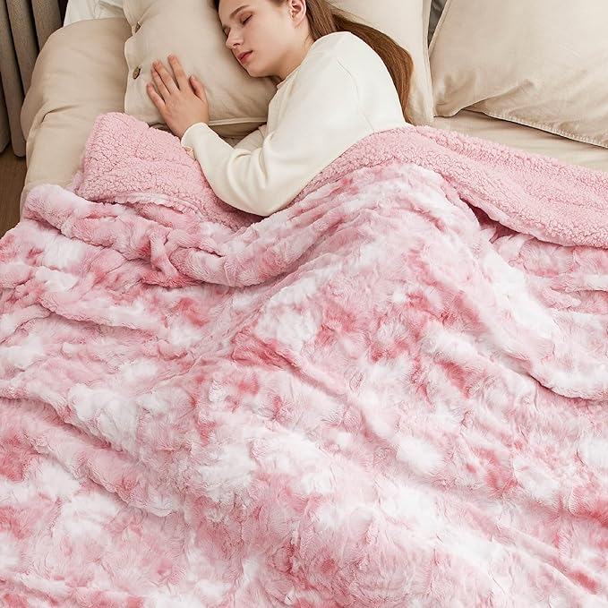 Bedsure GentleSoft Sherpa Fluffy Blanket Queen Size for Bed - Fleece Warm and Cozy for Women Gift, Plush & Fuzzy Faux Fur Blanket for Couch, Sofa and Decor, Tie Dye Design, Pink, 90x90 Inches