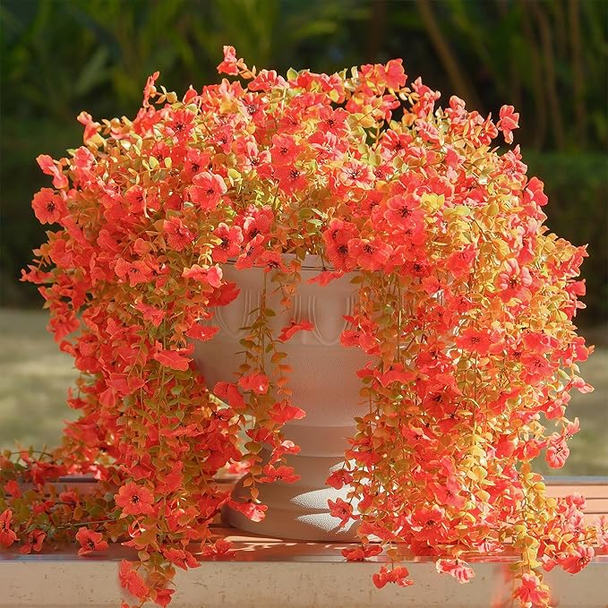 12 Pcs Artificial Hanging Mums Flowers Outdoor, Orange UV Resistant Fake Hanging Fall Plants for Outdoor Planter Patio Front Door Window Autumn Decoration (12, Orange)