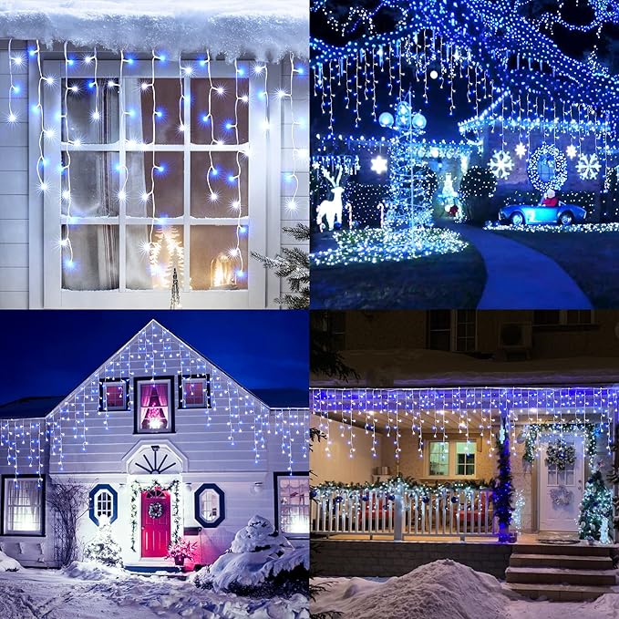Toodour White & Blue Christmas Icicle Lights, 29.5ft 360 LED Icicle Lights, 8 Modes, 60 Drops, Window Curtain Led Christmas Light, Icicle Twinkle Light for Eaves, Party, Wedding, Xmas Decorations