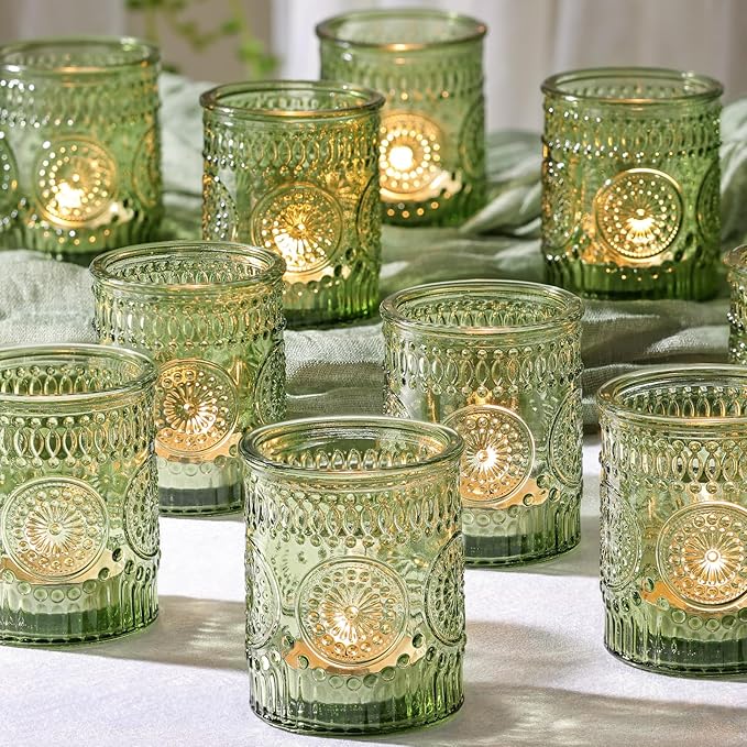 DEVI 24pcs Green Votive Candle Holders for Wedding, Glass Tea Lights Candle Holder, Green Baby Shower St. Patrick's Day Table Decor, Vintage Depression Glass Candle Holders for Table Centerpiece
