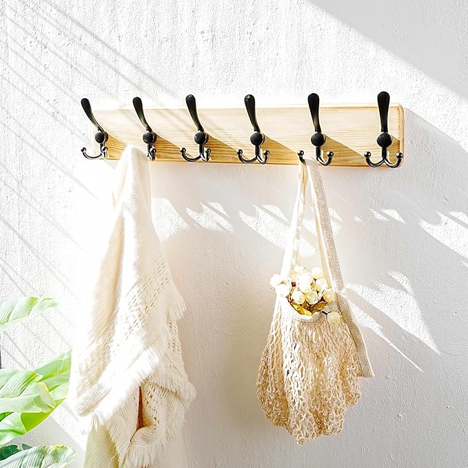 Dseap Coat Rack Wall Mounted - 24" Long 6 Tri Hooks, Heavy Duty Wooden Wall Coat Hanger Coat Hook for Clothes Hat Jacket Clothing, Weathered Light Natural and Black, Pack of 2